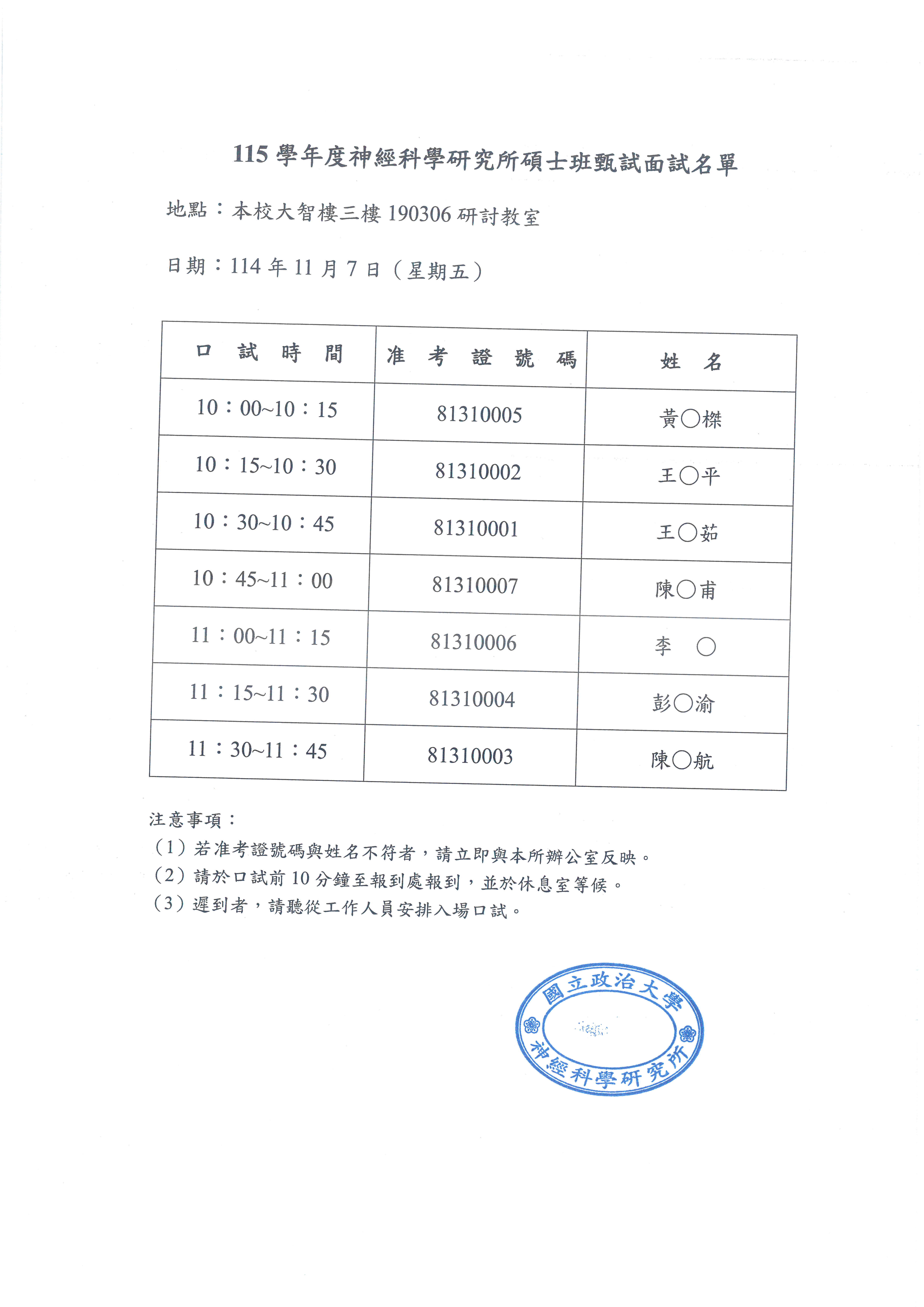 115學年度本所碩士班甄試面試時間及名單公告